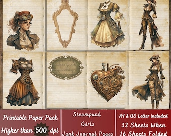 Printable Steampunk Girls Digital Paper, Steampunk Dress Ephemera, Victorian Lady Pages, Download Junk Journal, Scrapbooking, Card Making