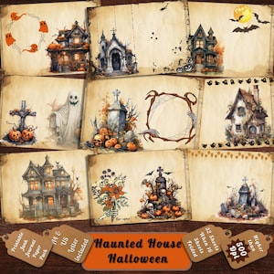 Printable Halloween Haunted House Digital Paper, Haunted Mansion Ephemera, Spooky Pages, Download Junk Journal, Scrapbooking, Card Making