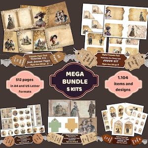 Printable Victorian Era Digital Papers Mega Bundle, Fussy Cuts Kit, Tags, Envelopes, Download Junk Journal, Scrapbooking, Card Making