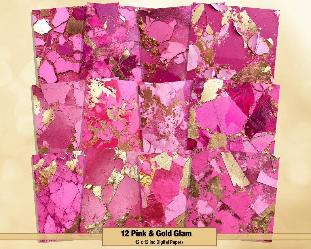 Printable Pink &amp; Gold Digital Papers, Glitter Metallic Textures Page ...
