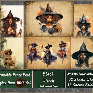 Printable Black Witch Digital Paper, Gothic Witchy Ephemera, Witchcraft Pages, Download Junk Journal, Scrapbooking, Card Making, Hallows Eve
