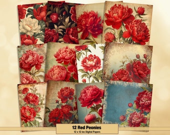 Printable Red Peonies Digital Papers, Floral Pages, Peony Background, Vintage Ephemera, Download Junk Journal, Scrapbooking, Card Making