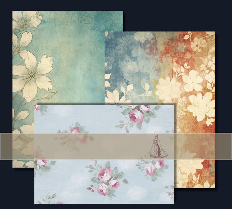 Printable Blue Floral Junk Journal Pages Kit, Vintage Roses Paper ...