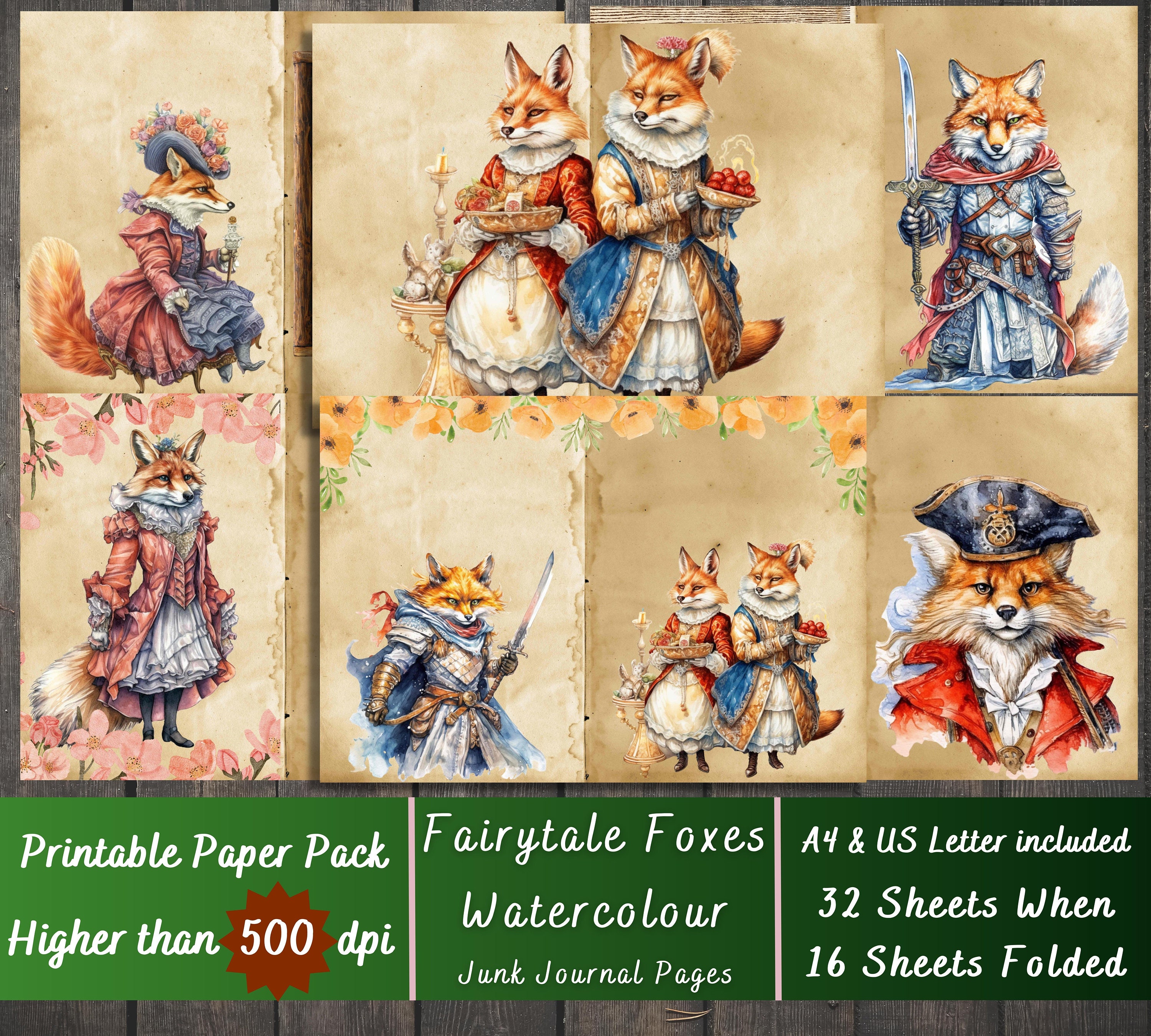 Printable Fox Fancy Paper, Dressed Foxes Ephemera, Victorian Fox Page, Fairytale Download Junk Journal, Fairy Tale Scrapbooking, Card Making