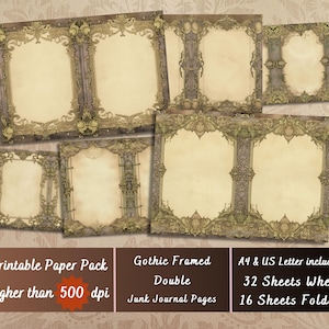 May include: Printable paper pack with 32 sheets of gothic framed double junk journal pages in A4 and US Letter sizes. The pages are printed on high quality paper with a resolution of over 500 dpi.