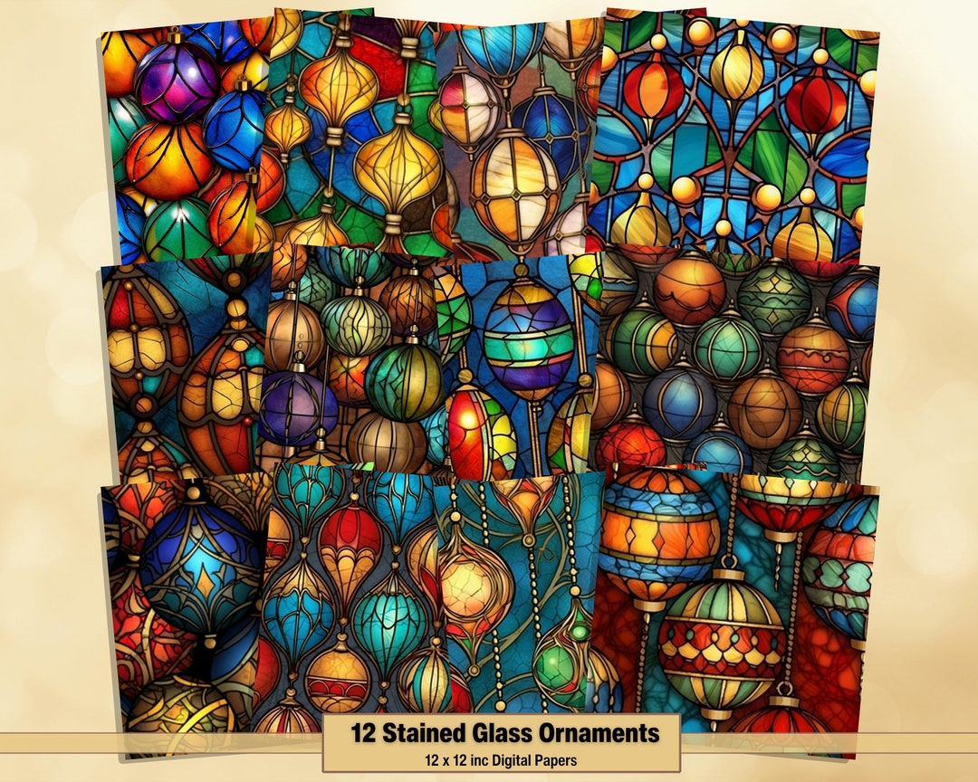 Printable Stained Glass Ornaments Digital Papers, Xmas Balls Pages ...