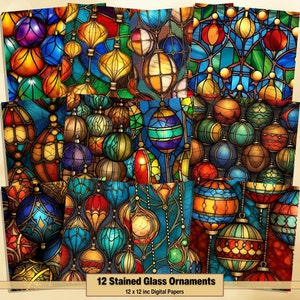 Printable Stained Glass Ornaments Digital Papers, Xmas Balls Pages, Background, Ephemera, Download Junk Journal, Scrapbooking, Card Making