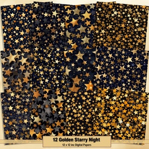 Printable Golden Starry Night Digital Papers, Gold Stars Pages, Stars Background, Ephemera, Download Junk Journal, Scrapbooking, Card Making