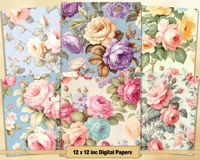 Printable Shabby Chic Floral Digital Papers, Flowers Pages, Vintage ...