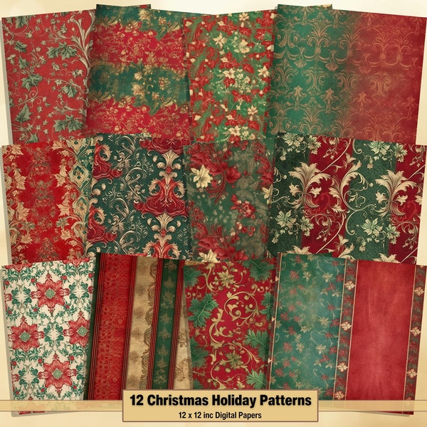 Printable Christmas Holiday Pattern Digital Papers, Green & Red Page, Background, Ephemera, Download Junk Journal, Scrapbooking, Card Making