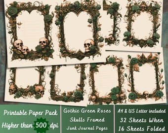 Printable Gothic Green Roses Digital Paper, Skull Ephemera, Grimoire Pages, Dark Academia Download Junk Journal, Scrapbooking, Card Making