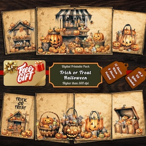 Printable Trick or Treat Halloween Digital Paper, Cute Halloween Ephemera, Spooky Season Page, Download Junk Journal, Scrapbook, Card Making