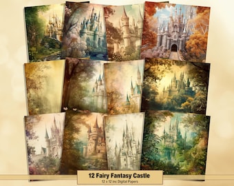 May include: A set of twelve digital papers, each 30.5 x 30.5 cm, displaying fantasy castle illustrations. The papers feature watercolour-style castles set amongst trees and foliage, with a vintage aesthetic.