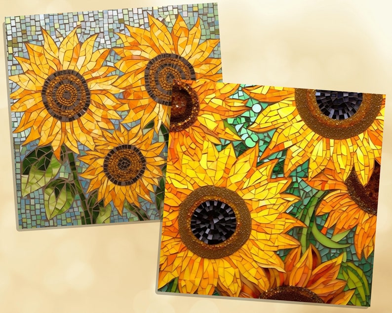 Printable Sunflower Mosaic Digital Papers, Stained Glass Page, Floral ...