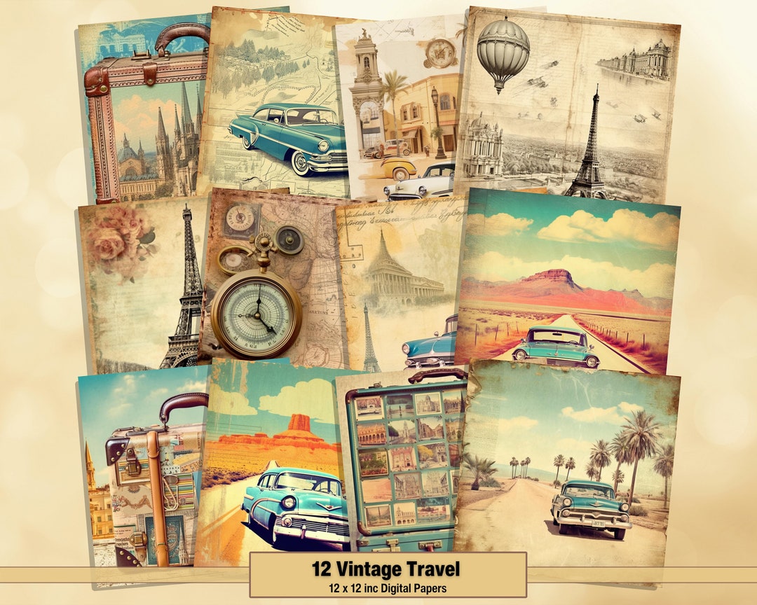 Printable Vintage Travel Digital Papers, Antique Suitcase Pages, Car