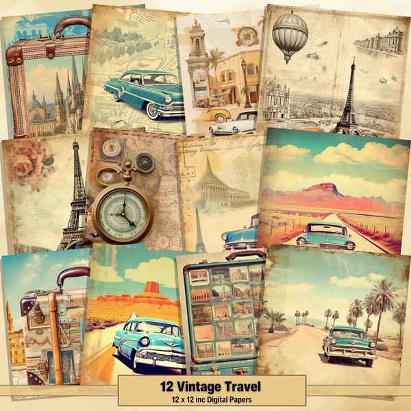 Printable Vintage Travel Digital Papers, Antique Suitcase Pages, Car Background, Ephemera, Download Junk Journal, Scrapbooking, Card Making