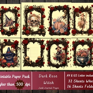 Printable Dark Rose Witch Digital Paper, Vintage Witchy Ephemera, Flower Witchcraft Pages, Download Junk Journal, Scrapbooking, Card Making