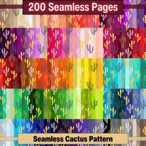 Printable 200 Seamless Cactus Pattern Digital Papers, Cacti Rainbow Color Pages, Collage Paper Pack, Download Junk Journal, Scrapbooking