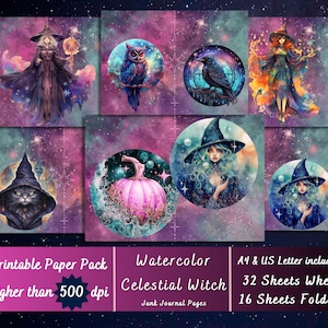 Printable Watercolour Celestial Witch Digital Paper, Witchy Ephemera ...