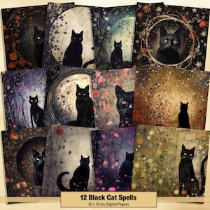 Printable Black Cat Spells Digital Papers, Witch Cats Page, Background, Halloween Ephemera, Download Junk Journal, Scrapbooking, Card Making