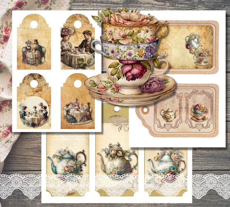 Printable Victorian Tea Party Junk Journal Tags Page Kit Etsy