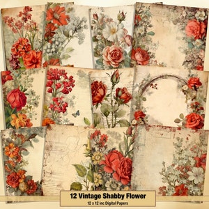 Printable Shabby Flowers Digital Papers, Distressed Pages, Background, Vintage Ephemera, Download Junk Journal, Scrapbooking, Card Making
