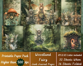 Printable Woodland Fairy Digital Paper, Enchanted Fairies Ephemera, Fantasy Forest Pages, Download Junk Journal, Scrapbooking, Card Making