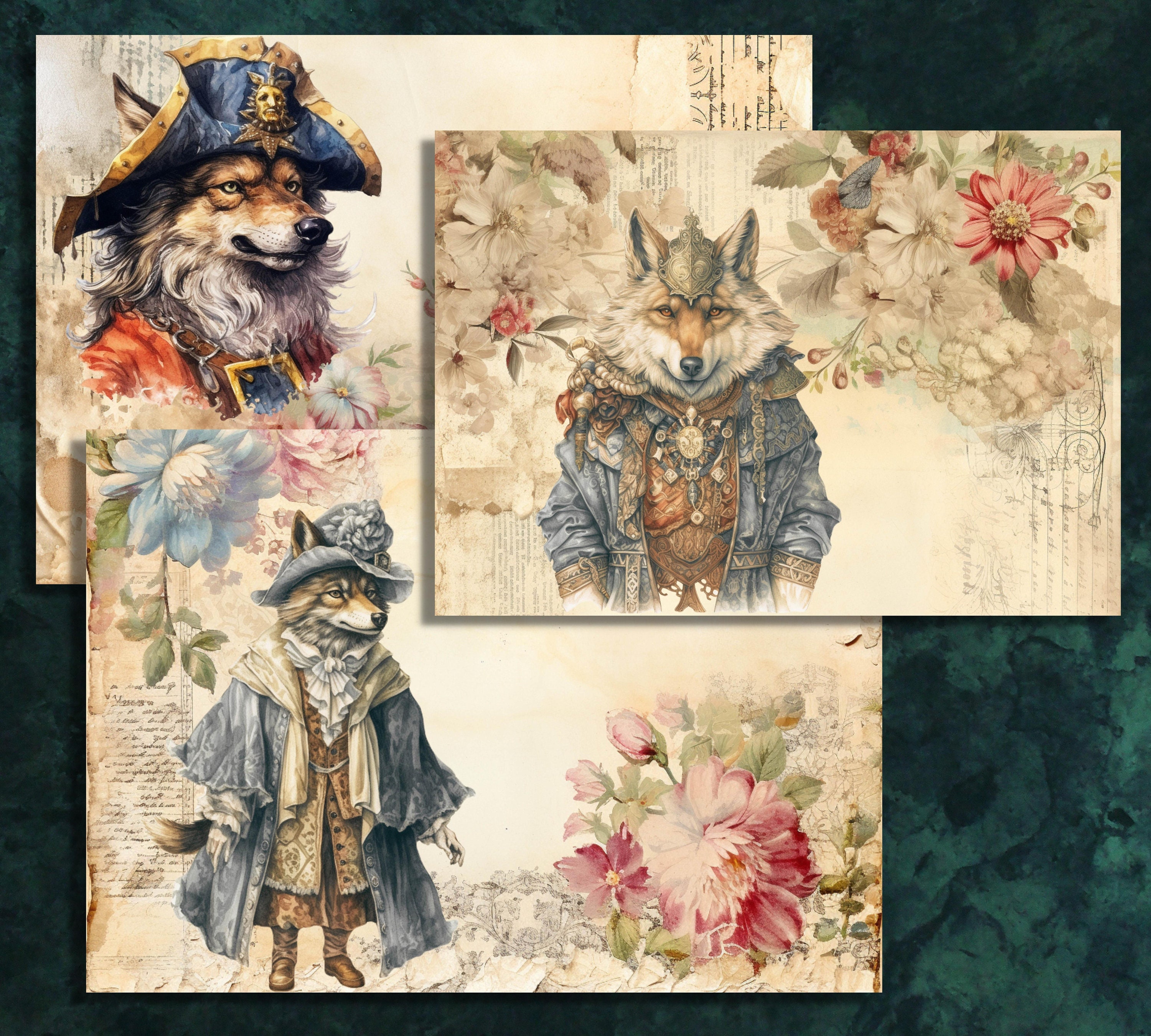 Printable Wolf Watercolour Digital Paper, Dressed Animals Ephemera ...