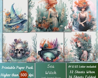Op de afbeelding: Een verzameling aquarel illustraties met een zeewitch thema. De afbeeldingen bevatten een heksenhoed, een schedel en portretten van vrouwen met zeethema-elementen. De tekst luidt "Printable Paper Pack Sea Witch Junk Journal Pages".