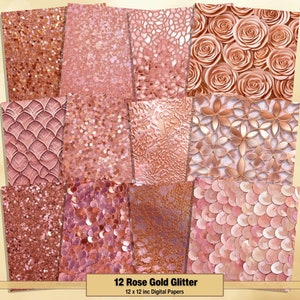 Printable Rose Gold Glitter Digital Papers, Sequin Page, Shimmer Background, Pink Ephemera, Download Junk Journal, Scrapbooking, Card Making