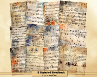 Printable Illustrated Sheet Music Digital Paper, Music Pages, Background, Vintage Ephemera, Download Junk Journal, Scrapbooking, Card Making