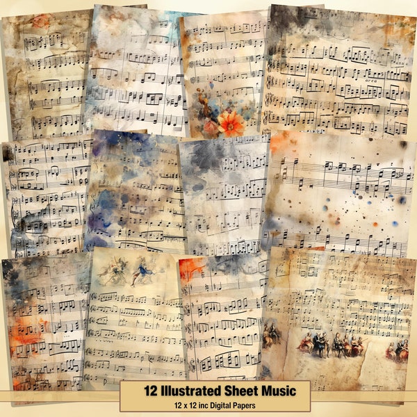 Printable Illustrated Sheet Music Digital Paper, Music Pages, Background, Vintage Ephemera, Download Junk Journal, Scrapbooking, Card Making