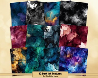 Printable Dark Ink Textures Digital Papers, Alcohol Ink Pages, Black Background, Ephemera, Download Junk Journal, Scrapbooking, Card Making