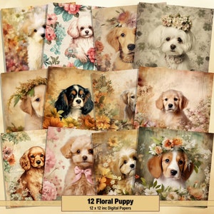 Printable Cute Puppy Digital Papers, Floral Puppy Pages, Cute Dog Background, Pet Ephemera, Download Junk Journal, Scrapbooking, Card Making
