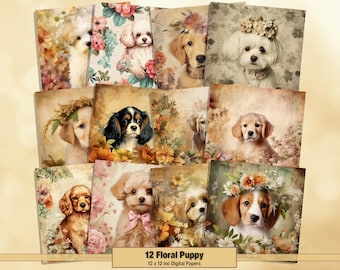 Printable Cute Puppy Digital Papers, Floral Puppy Pages, Cute Dog Background, Pet Ephemera, Download Junk Journal, Scrapbooking, Card Making