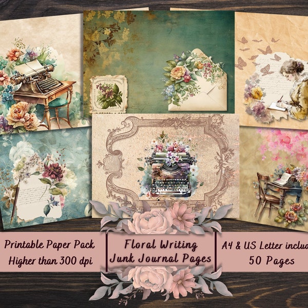 Printable Floral Writer Digital Paper, Victorian Library Ephemera, Vintage Typewriter Page, Download Junk Journal, Scrapbooking, Card Making