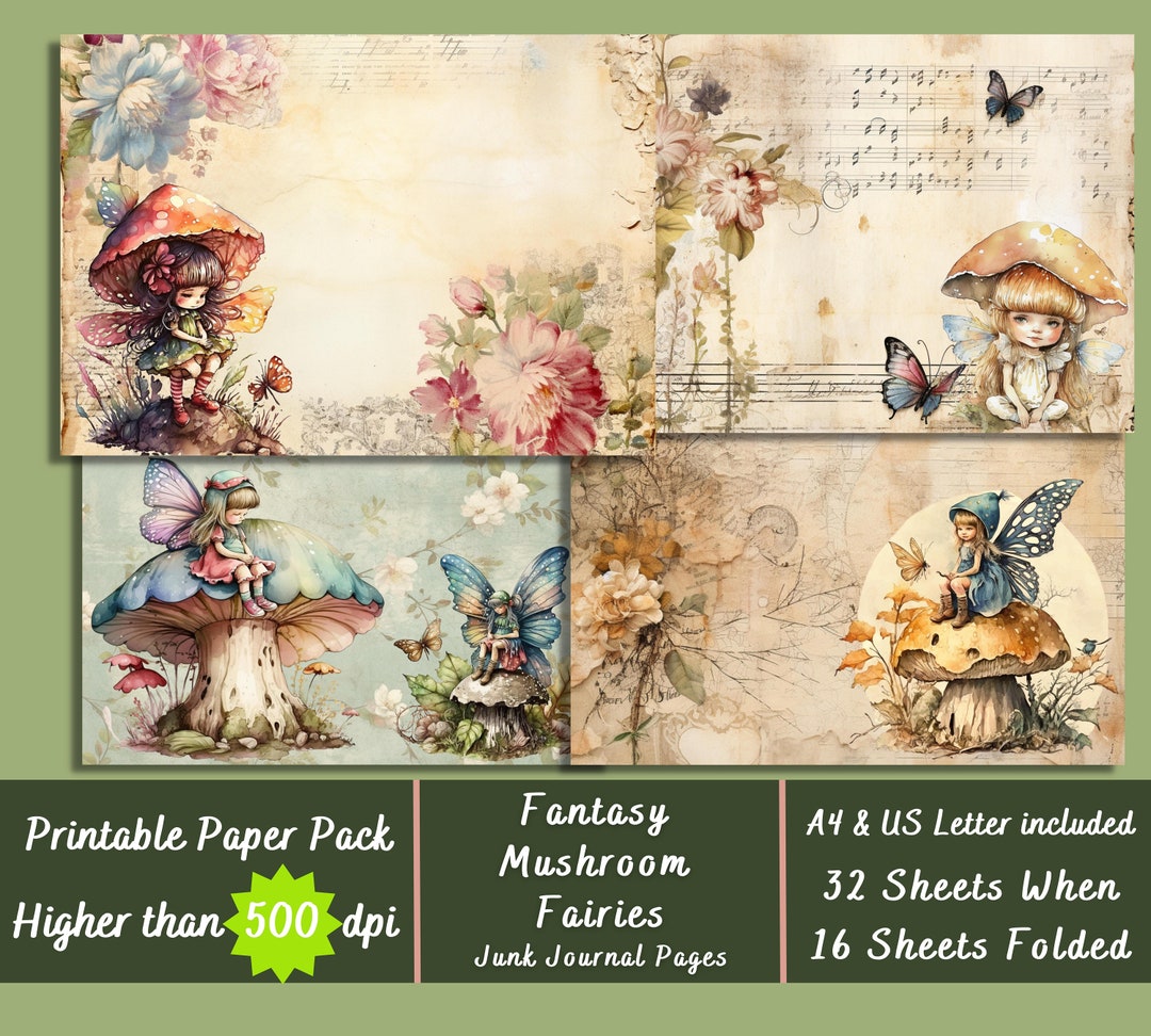 Printable Mushroom Fairy Digital Paper, Enchanted Fairies Ephemera ...
