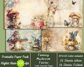 Printable Mushroom Fairy Digital Paper, Enchanted Fairies Ephemera, Fantasy Forest Pages, Download Junk Journal, Scrapbooking, Card Making