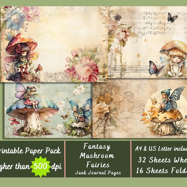 Printable Mushroom Fairy Digital Paper, Enchanted Fairies Ephemera, Fantasy Forest Pages, Download Junk Journal, Scrapbooking, Card Making