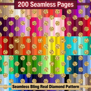 Op de afbeelding: 200 naadloze digitale papierpagina's met een gouden glitter-stippenpatroon op een verscheidenheid aan kleurrijke gestreepte achtergronden. Naadloze Bling Real Diamond Pattern.