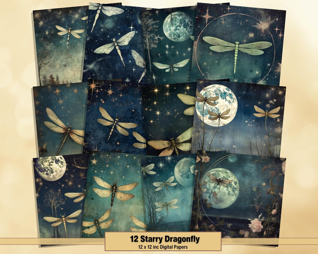 Printable Starry Dragonfly Digital Papers, Dragonflies Pages, Moon ...