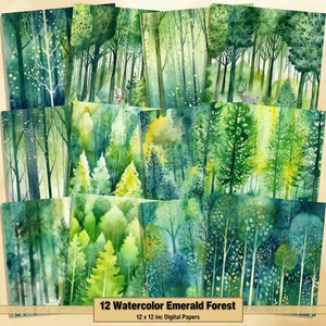 Printable Watercolor Emerald Forest Digital Papers, Green Trees Page, Background, Ephemera, Download Junk Journal, Scrapbooking, Card Making
