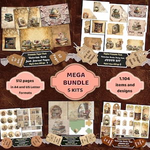 Printable Victorian Books Digital Papers Mega Bundle, Book Fussy Cuts Kit, Tags, Envelopes, Download Junk Journal, Scrapbooking, Card Making