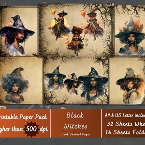 Printable Black Witch Digital Paper, Spooky Season Ephemera, Witchcraft Pages, Hallows Eve Download Junk Journal, Scrapbooking, Card Making