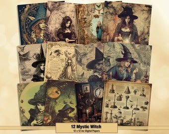 May include: Twelve digital papers featuring vintage illustrations of witches, potions, and magical objects. The papers are in a dark, gothic style with a distressed, aged look. The papers are 12 inches by 12 inches.