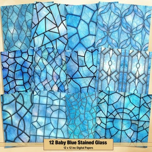 May include: Twelve digital papers featuring a stained glass pattern in shades of blue. The papers are 12 x 12 inches.