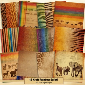 Printable Kraft Rainbow Safari Digital Papers, African Animals Pages, Background, Ephemera, Download Junk Journal, Scrapbooking, Card Making