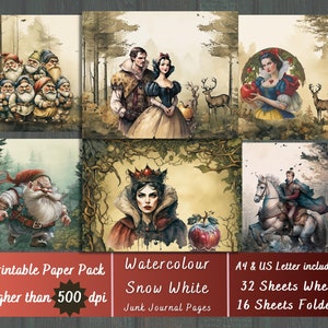 Printable Snow White Digital Paper, Seven Dwarfs Ephemera, Mirror Mirror Pages, Evil Queen Download Junk Journal, Scrapbooking, Card Making