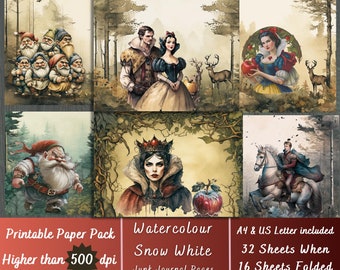 Printable Snow White Digital Paper, Seven Dwarfs Ephemera, Mirror Mirror Pages, Evil Queen Download Junk Journal, Scrapbooking, Card Making