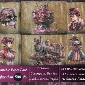 Printable Pink Steampunk Digital Paper, Victorian Ephemera, Steampunk Fashion Bundle Pages, Download Junk Journal, Scrapbooking, Card Making